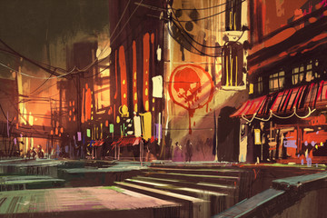 sci-fi scene showing shopping street,futuristic cityscape