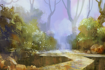 trail in misty forest background,digital painting