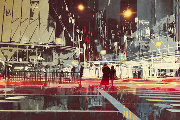 Fototapeta na wymiar night scene of modern city street,illustration painting