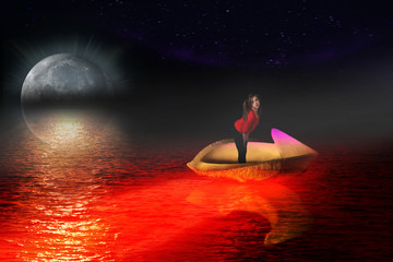 Piękna dziewczyna na łódce przy księżycu. - obrazy, fototapety, plakaty