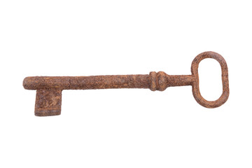 Old rusty key on a white background