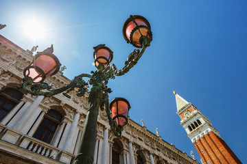 Fototapeta na wymiar Scenic street lamp in Venice, Italy against blue sky
