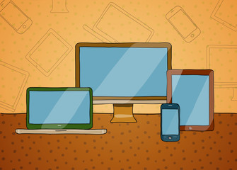 Vector hand drawn illustration of a desktop computer, laptop, ta