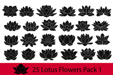 Lotus flowers black and white silhouette, modern flat icons. Set