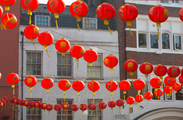  LONDON, UK - OCTOBER 4, 2016: China Town is decorated by Chinese lanterns and lots of tourists and...
