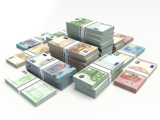 Euros banknote. stacked notes on a white background