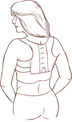 he girl in the corrector for the spine on a white background.