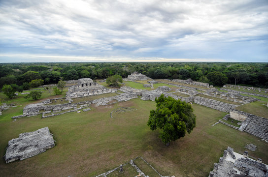 Aerial view to ruins of Mayan pyramids 