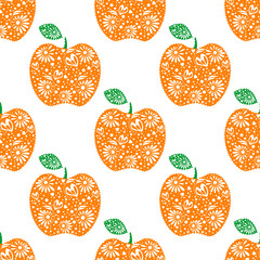 Seamless vector pattern,  bright  fruits symmetrical background with red decorative ornamental apples, on the white backdrop. Series of Fruits and Vegetables Seamless Patterns.