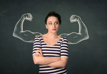 woman with sketched strong and muscled arms