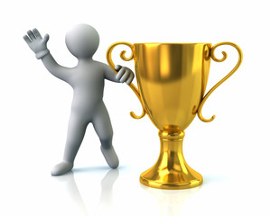 Man and gold cup of the winner