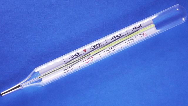 mercury thermometer. The mercury column, temperature rises to 42 degrees