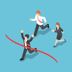 Isometric design businessman winning competition and crossing th