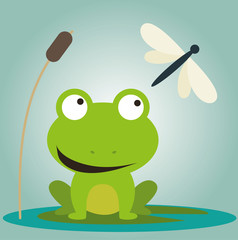 Obraz premium Frosch auf Seerosenblatt mit Libelle Vektor