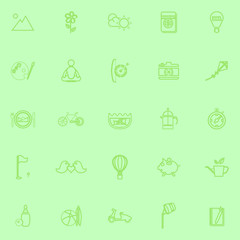 Slow life activity line icons on green background