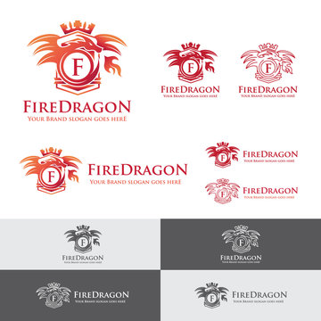 Fire Dragon Letter Crest. Heraldry dragon blowing fire emblem. Royal dragon badge