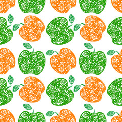 Seamless vector pattern,  bright  fruits symmetrical background with red and green decorative ornamental apples, on the white backdrop. Series of Fruits and Vegetables Seamless Patterns.