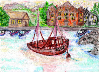 Fototapeta na wymiar The picture boat in the sea and houses on the shore