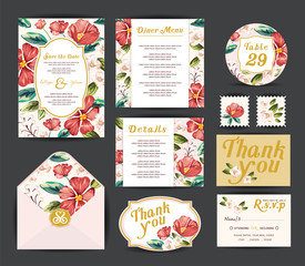 Wedding floral template collection.Wedding invitation, thank you card, save the date cards. Wedding set.