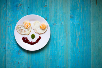 Breakfast, fried eggs in the shape of hearts, smiley,bright morn