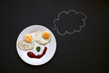 Breakfast, fried eggs in the shape of hearts, smiley,bright morn
