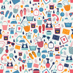 Retro stuff color seamless flat icon pattern. Trend pictogram set. Vector trend background.