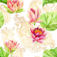 watercolor lotus flower on golden ornament. Seamless pattern