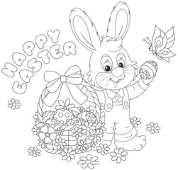 Little bunny with a happy Easter greeting and with a decorated basket of painted eggs
