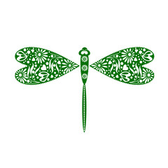 Vector illustration of insect. Decorative ornamental green dragonfly, isolated on the white background