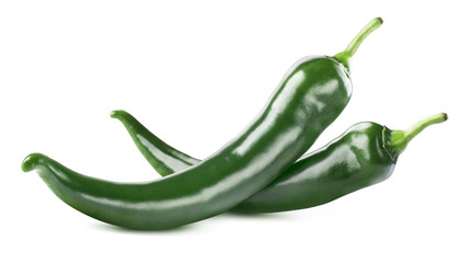 Green hot chili peppers double isolated on white background