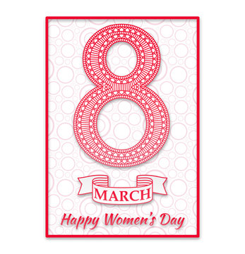 Women Day greeting card. Beautiful crochet pink figure eight, text 8 March, Happy Womens Day, ribbon, background with circles. Vector illustration.