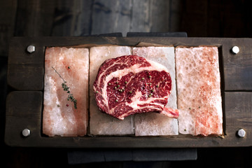 Bone In Rib Eye row Steak on pieces of salt