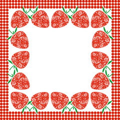 Vector card with berries. Empty square form with ornamental strawberries and border with dots. Decorative frame. Series of Cards, Blanks and Forms.