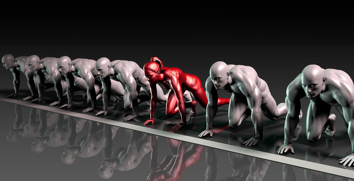 Determined Woman Fighting Against Men