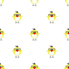 Seamless vector pattern with animals, cute symmetrical background with chikens with glasses and dots. Series of Animals and Insects Seamless Patterns.