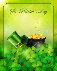 St. Patrick's Day card with pot of gold and Leprechaun green hat with clover.