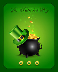 St. Patrick's Day card with pot of gold and Leprechaun green hat.