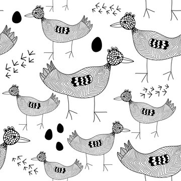 Seamless pattern with black and white birds.