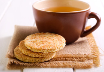 Fototapeta na wymiar Coconut biscuits and cup of tea