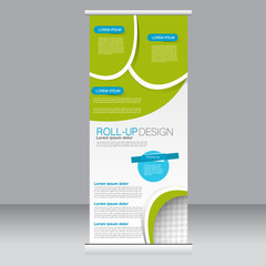 Roll up banner stand template. Abstract background for design,  business, education, advertisement.  Blue and green color. Vector  illustration.