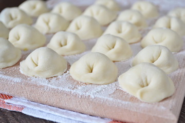 Fototapeta na wymiar Uncooked dumplings stuffed with meat, cooking process