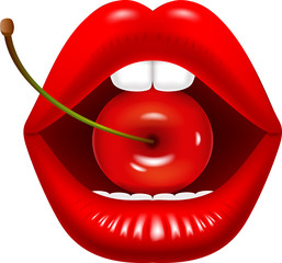 Naklejka premium Illustration of Female mouth with red cherries 