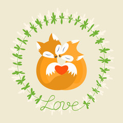 Orange fox. Romantic card with loving couple of foxes. Floral frame with an inscription love. Happy Valentine's Day.