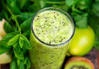 homemade smoothie with kiwi, banana and mint leaves 