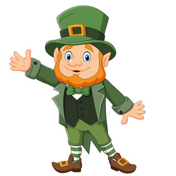 Cartoon happy leprechaun waving hand 