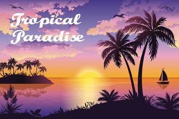 Tropical Sea Landscape, Silhouettes Island with Palm Trees and Exotic Flowers, Ship, Sky with Clouds, Sun and Birds Gulls. Eps10, Contains Transparencies. Vector