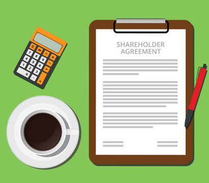 shareholder agreement clipboard with document cup of coffee and calculator