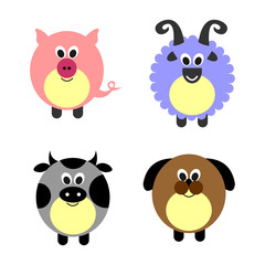 Set of vector illustrations of animals. Cute comic pig, sheep, cow and dog, isolated on the white background. Series of Animals Illustrations.