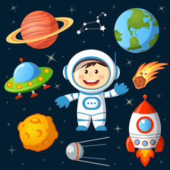 Naklejka premium Set of space elements. Astronaut, Earth, saturn, moon, UFO, rocket, comet, constellation, sputnik and stars