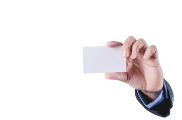Hand holding name card on white with clipping path.